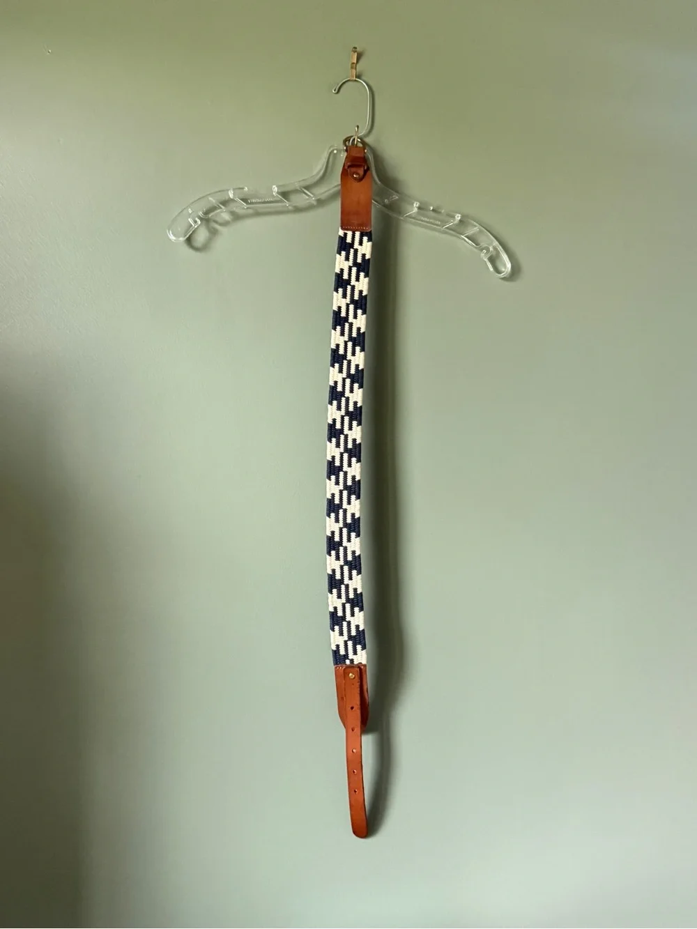 J. Crew - High Waist Woven Navy & Cream Belt with Brown Leather Trim - Size S/M